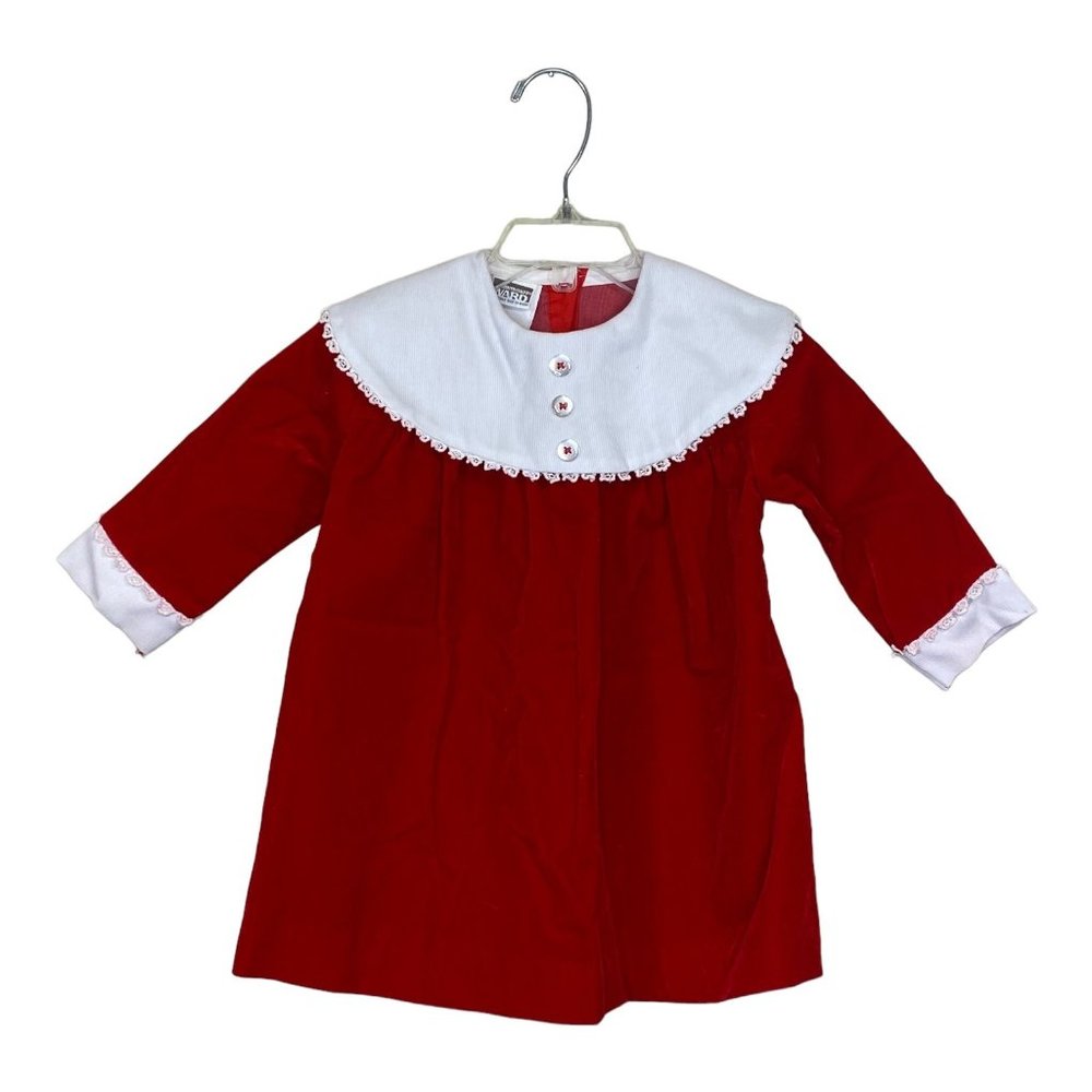 Vintage Girls Montgomery Ward Lace Bib Collar Red Velvet Holiday Dress 2/3T - Picture 1 of 14